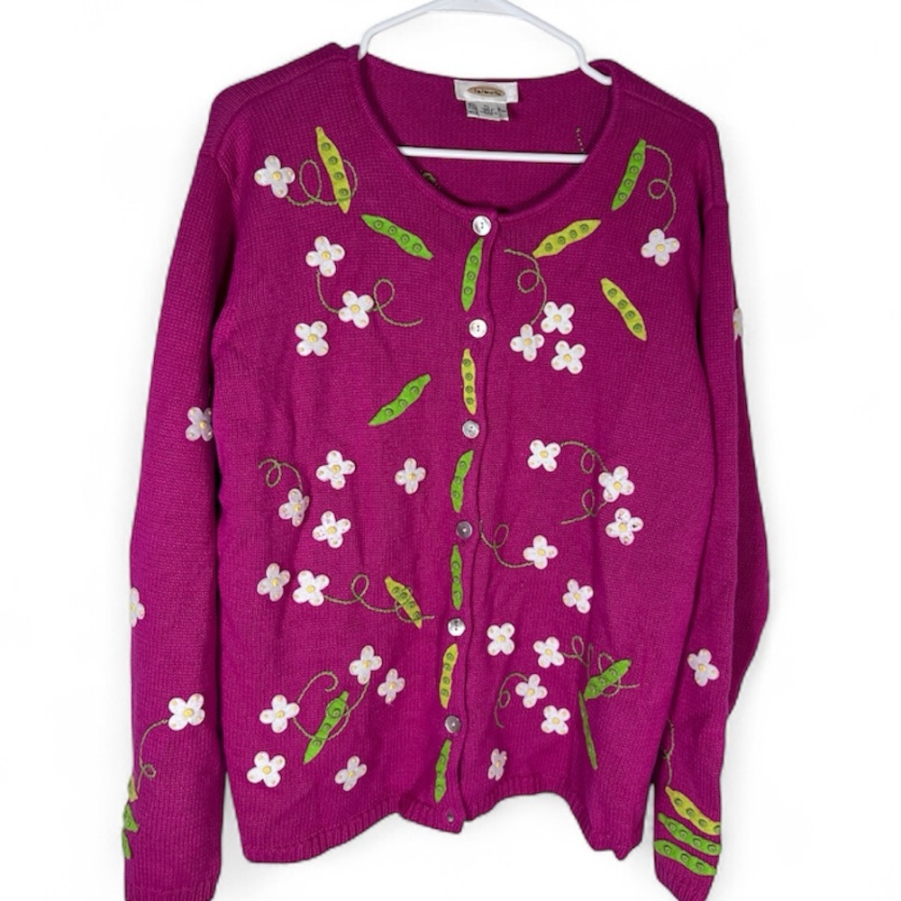 Talbots Pink Cardigan with Floral Pea Pod Design Size XL
